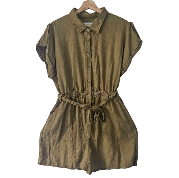 BB Dakota Olive Green Linen-Blend Short Sleeve Romper Size XL - Picture 3 of 12